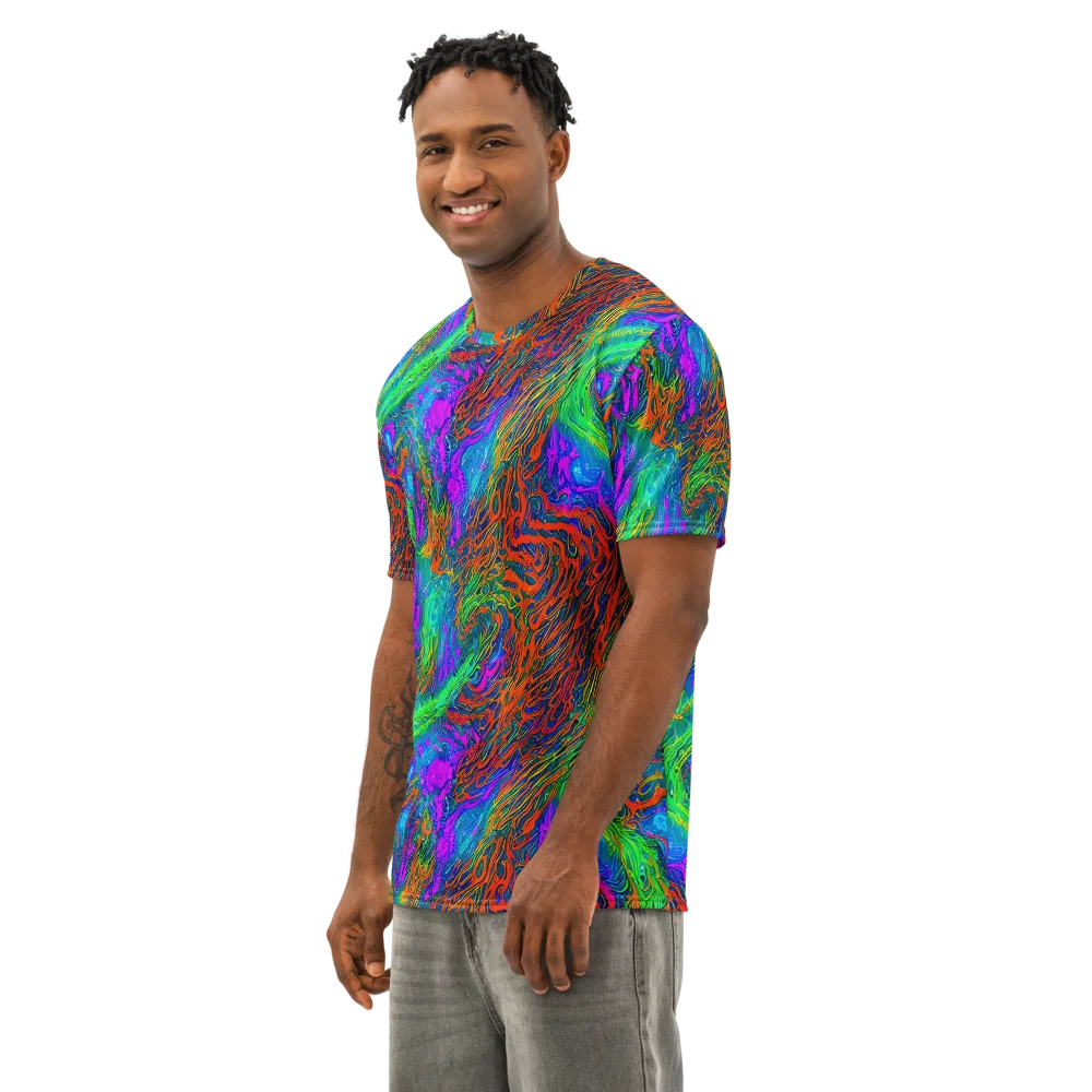Neon Tidal Fire on Men's Cotton Crew Neck T-Shirt — Left Front