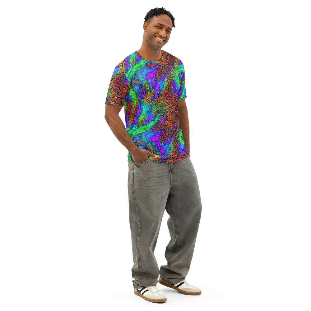 Neon Tidal Fire on Men's Cotton Crew Neck T-Shirt — Right Front