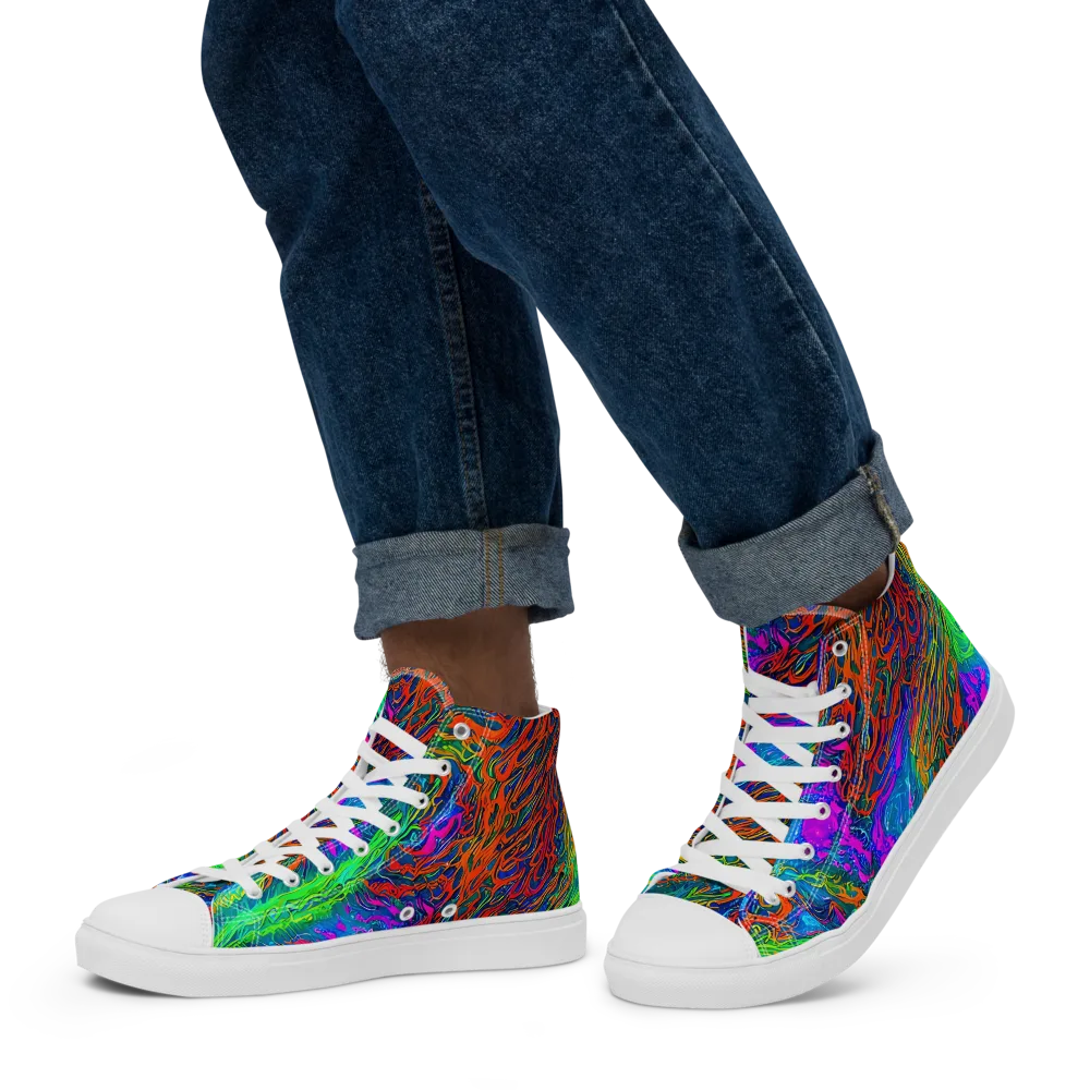 Neon Tidal Fire on Men's High Top Canvas Shoes — Left