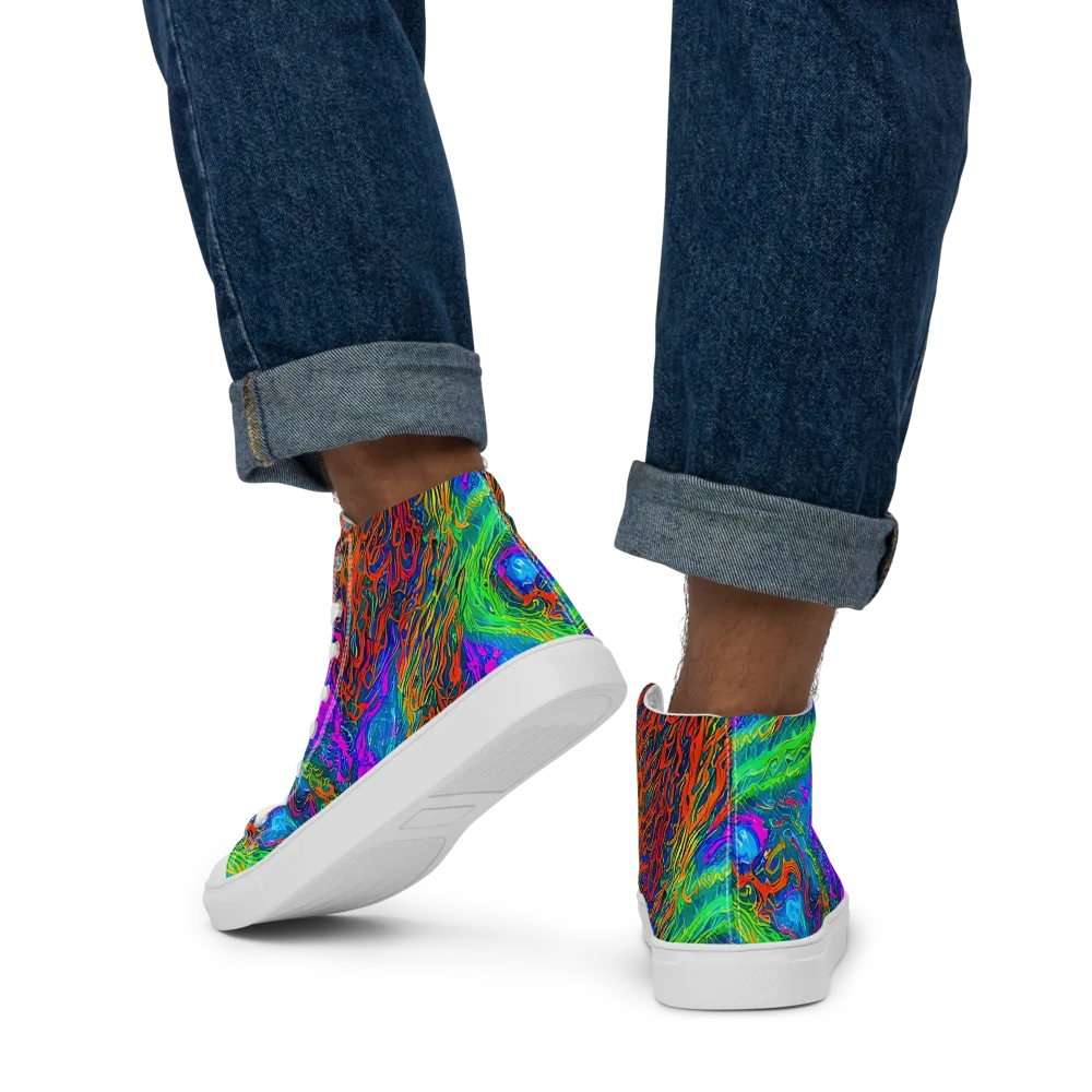 Neon Tidal Fire on Men's High Top Canvas Shoes — Back