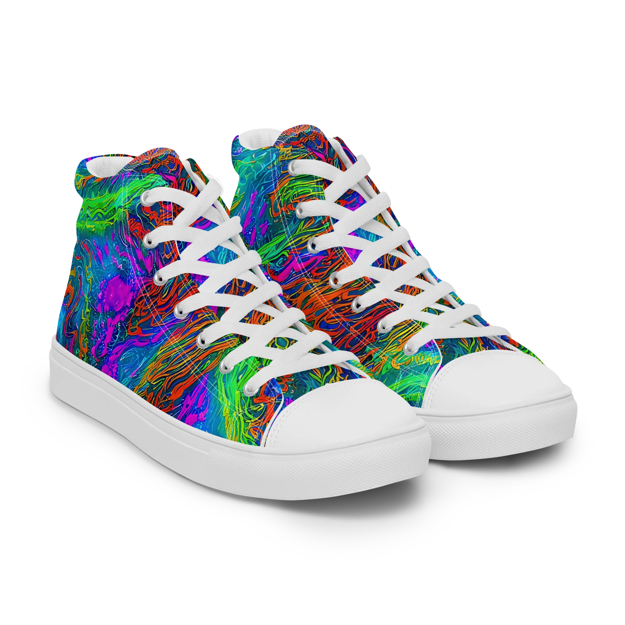 Neon Tidal Fire on Women's High Top Canvas Shoes — Right Front