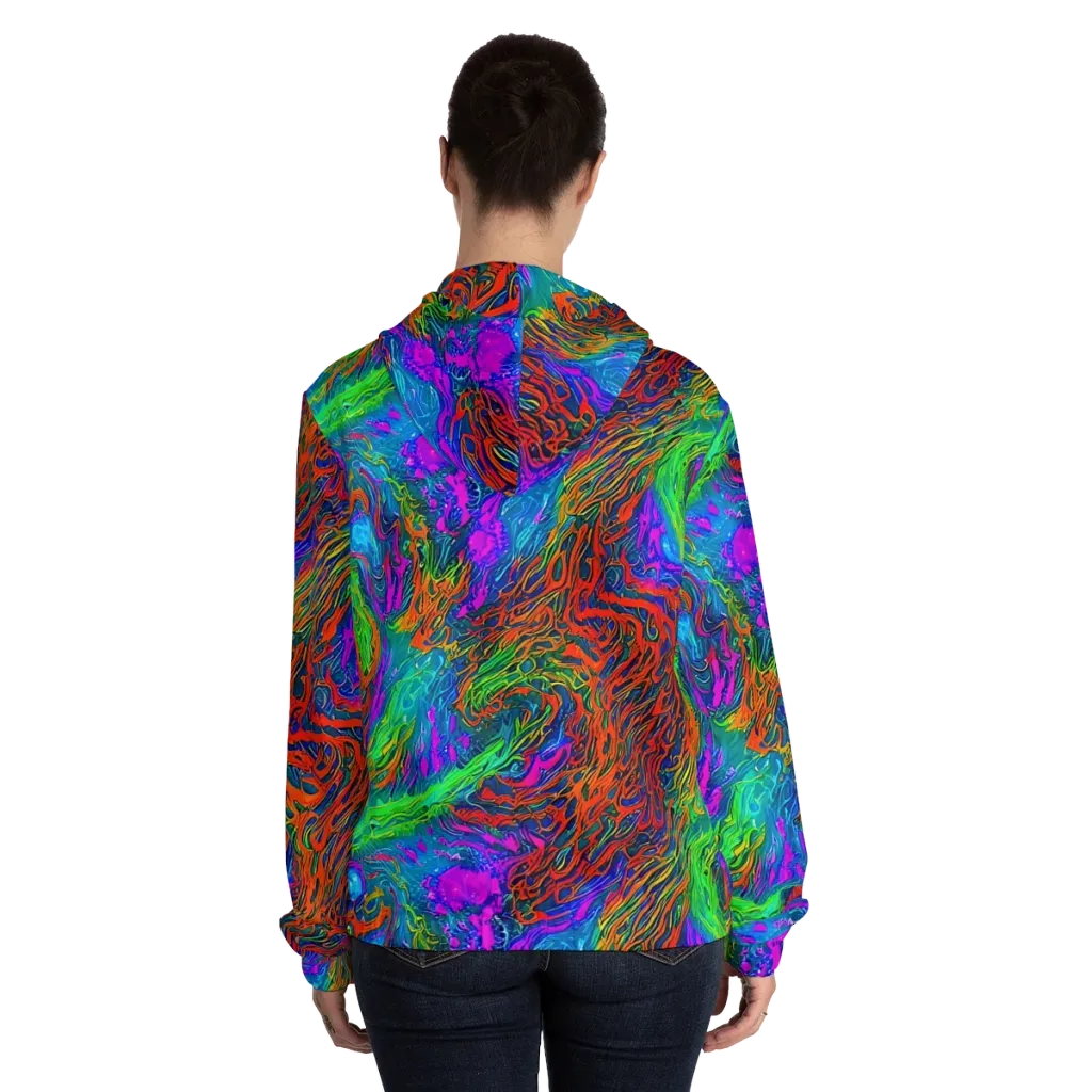 Neon Tidal Fire on Women's Full-Zip Hoodie — Back On Person