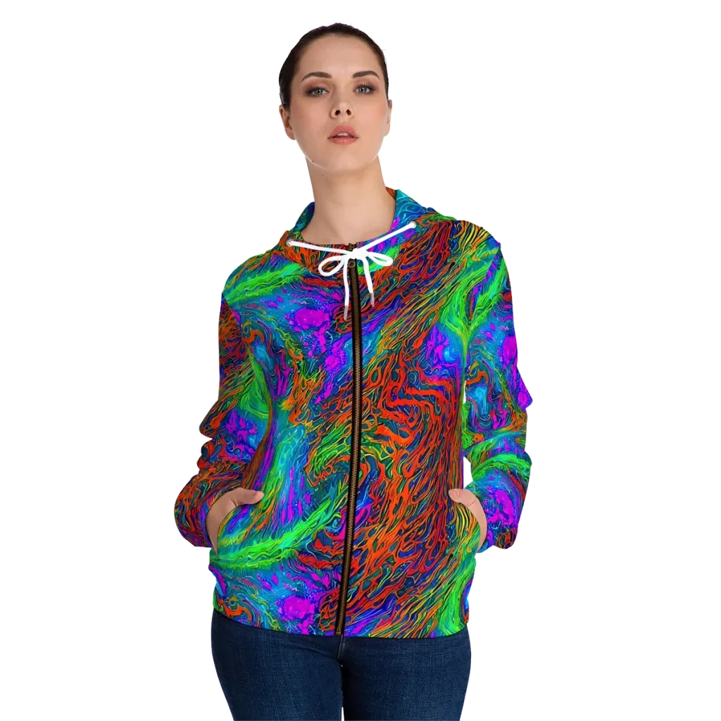 Neon Tidal Fire on Women's Full-Zip Hoodie — Front On Person