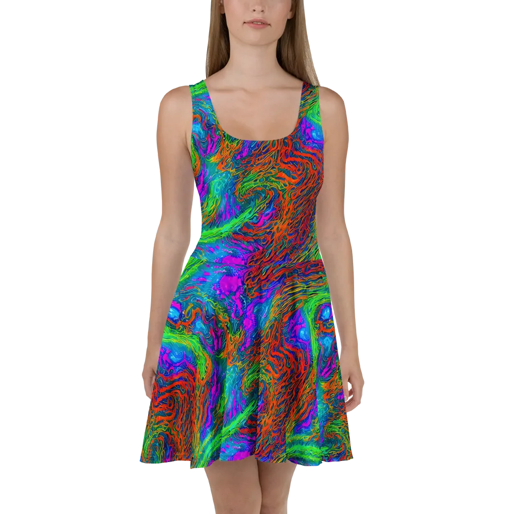 Neon Tidal Fire on Skater Dress — Front
