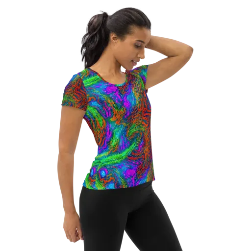 Neon Tidal Fire on a Women's Athletic T-Shirt
