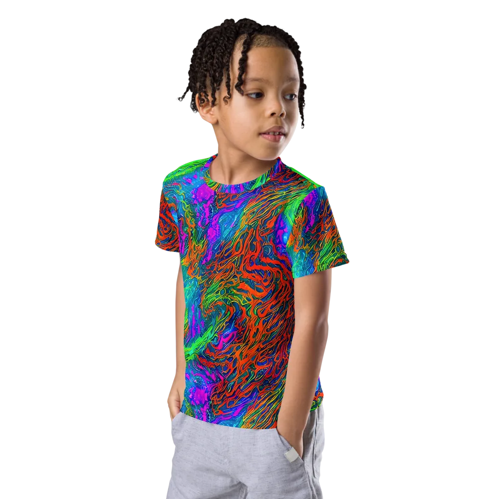 Neon Tidal Fire on Kids Crew Neck T-Shirt — Left Front