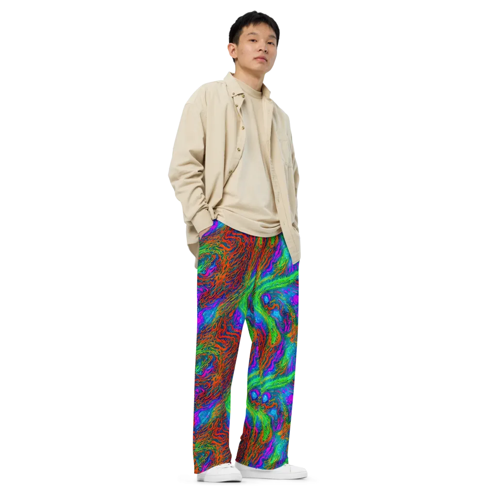 Neon Tidal Fire on Wide-Leg Pants — Right Front