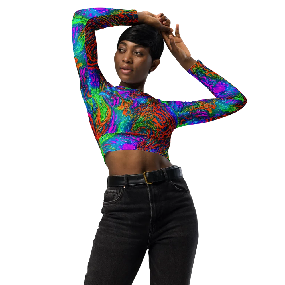 Neon Tidal Fire on Long Sleeve Crop Top — Front