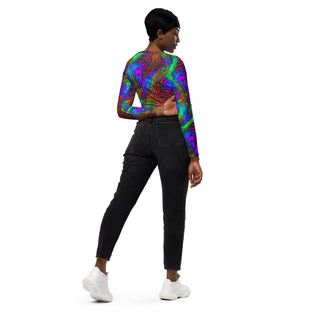 Neon Tidal Fire on Long Sleeve Crop Top — Right Back