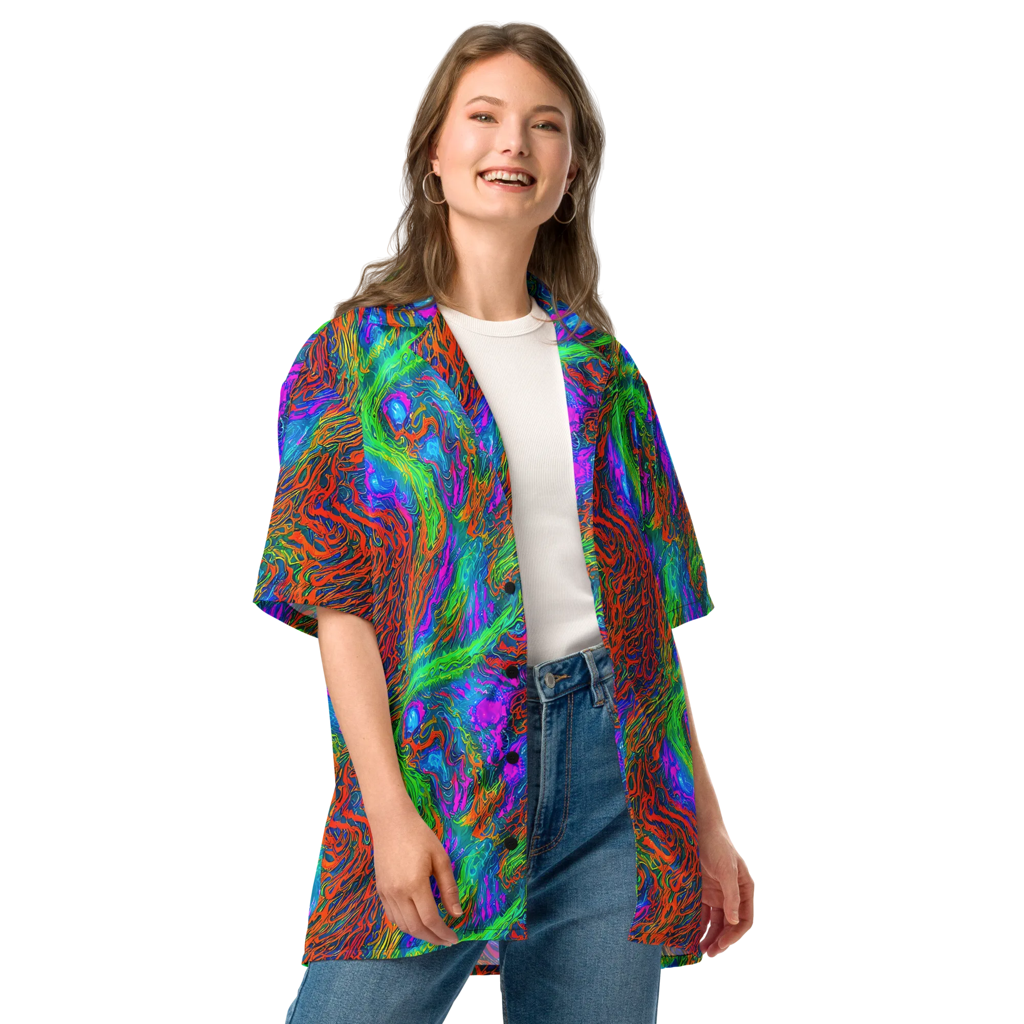Neon Tidal Fire on Button Shirt — Front