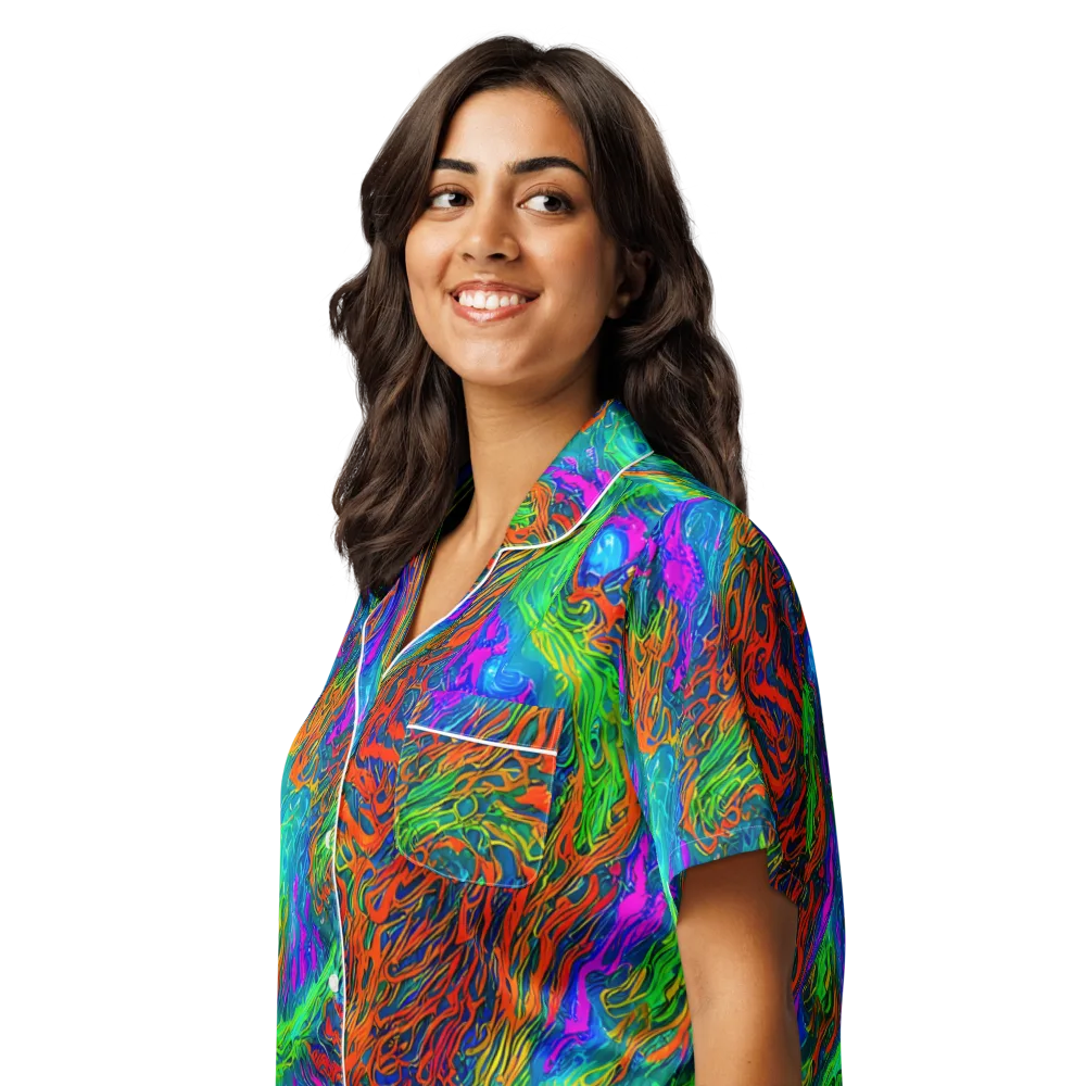 Neon Tidal Fire on Women's Short Sleeve Pajama Top — Left Front