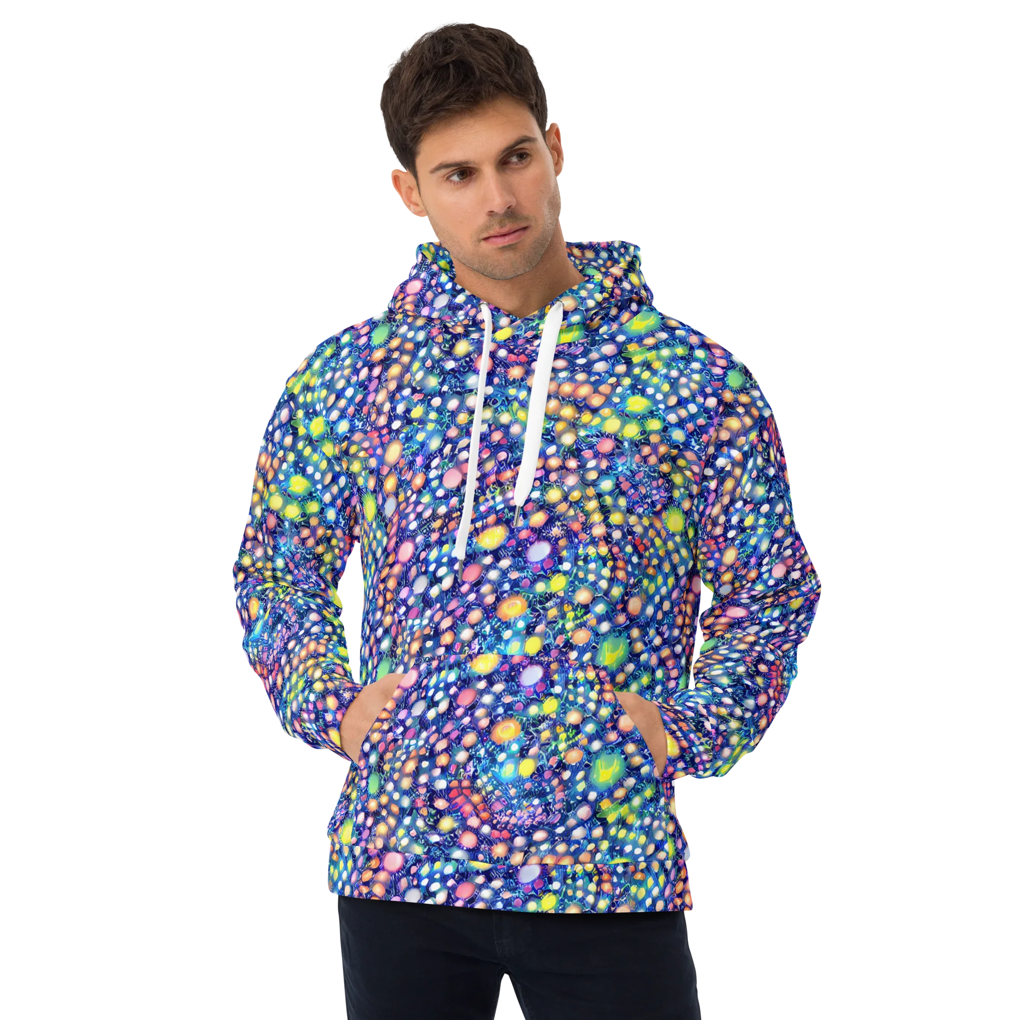 Neon Pebble Garden on Hoodie — Front