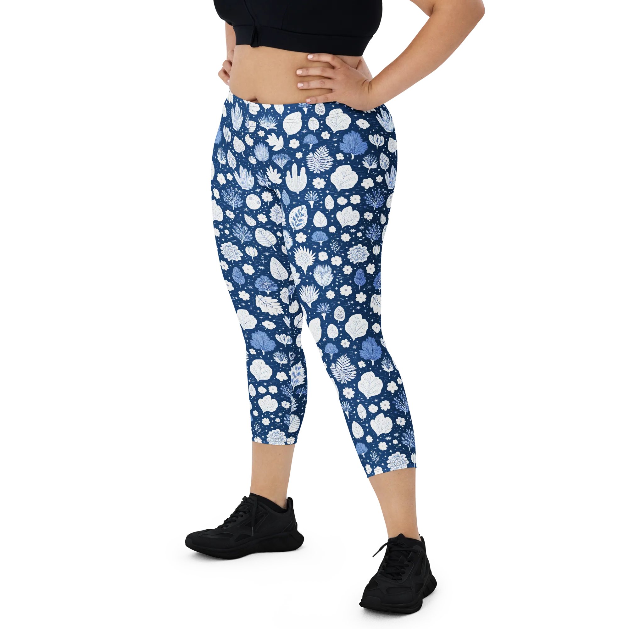 Indigo Herbarium on Capri Leggings — Front