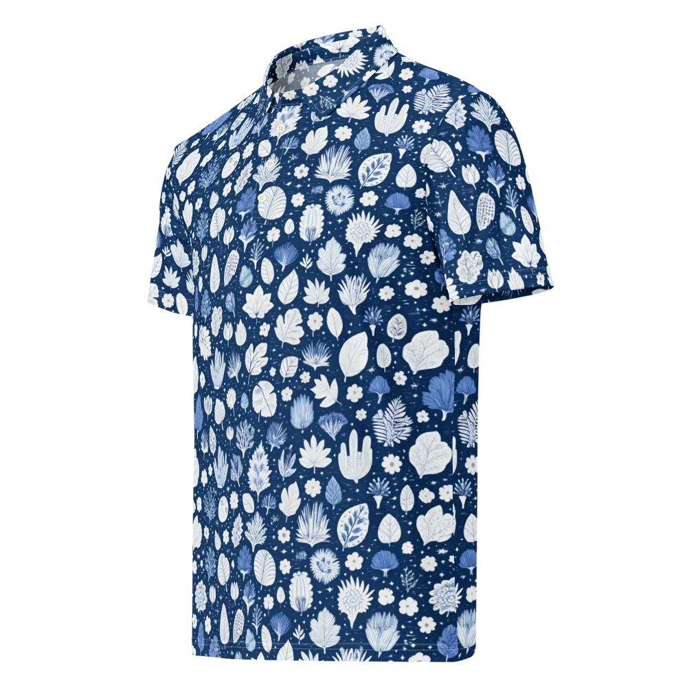 Indigo Herbarium on Men's Slim Fit Polo Shirt — Left Front