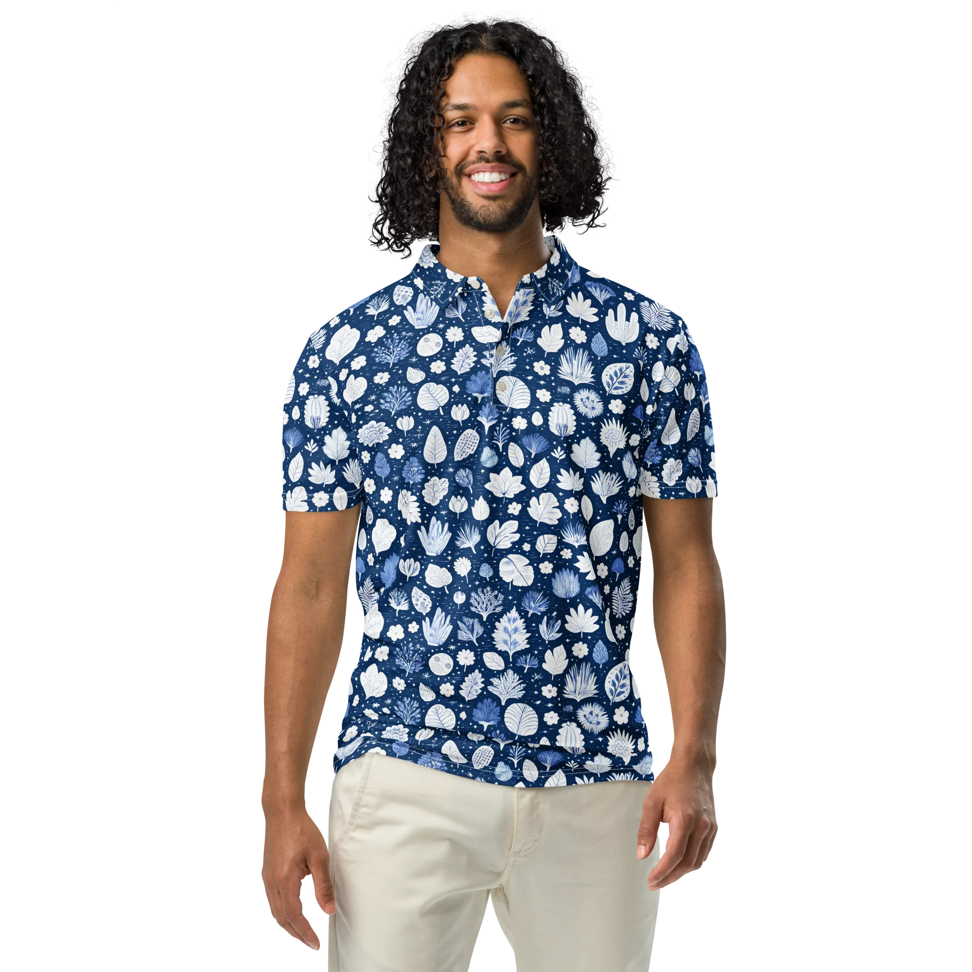 Indigo Herbarium on Men's Slim Fit Polo Shirt — Front