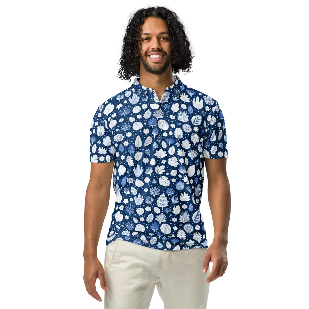 Indigo Herbarium on Men's Slim Fit Polo Shirt — Front