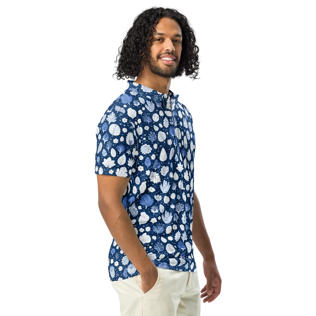 Indigo Herbarium on Men's Slim Fit Polo Shirt — Right Front