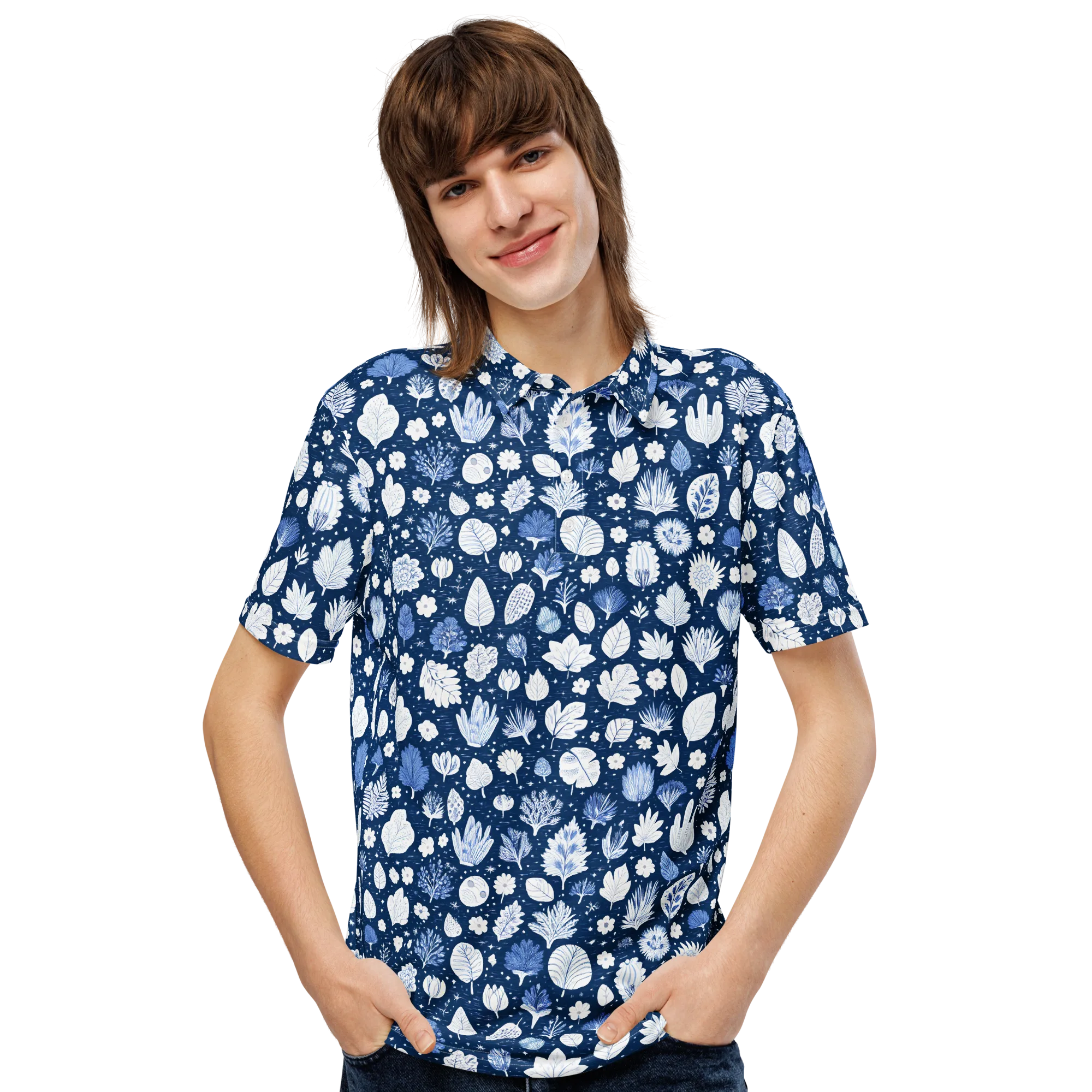 Indigo Herbarium on Men's Slim Fit Polo Shirt — Front