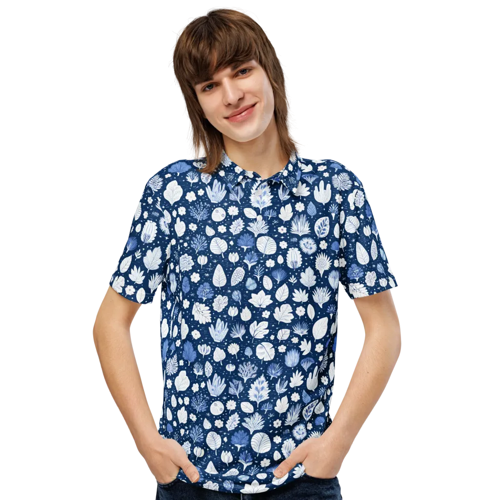 Indigo Herbarium on Men's Slim Fit Polo Shirt — Front