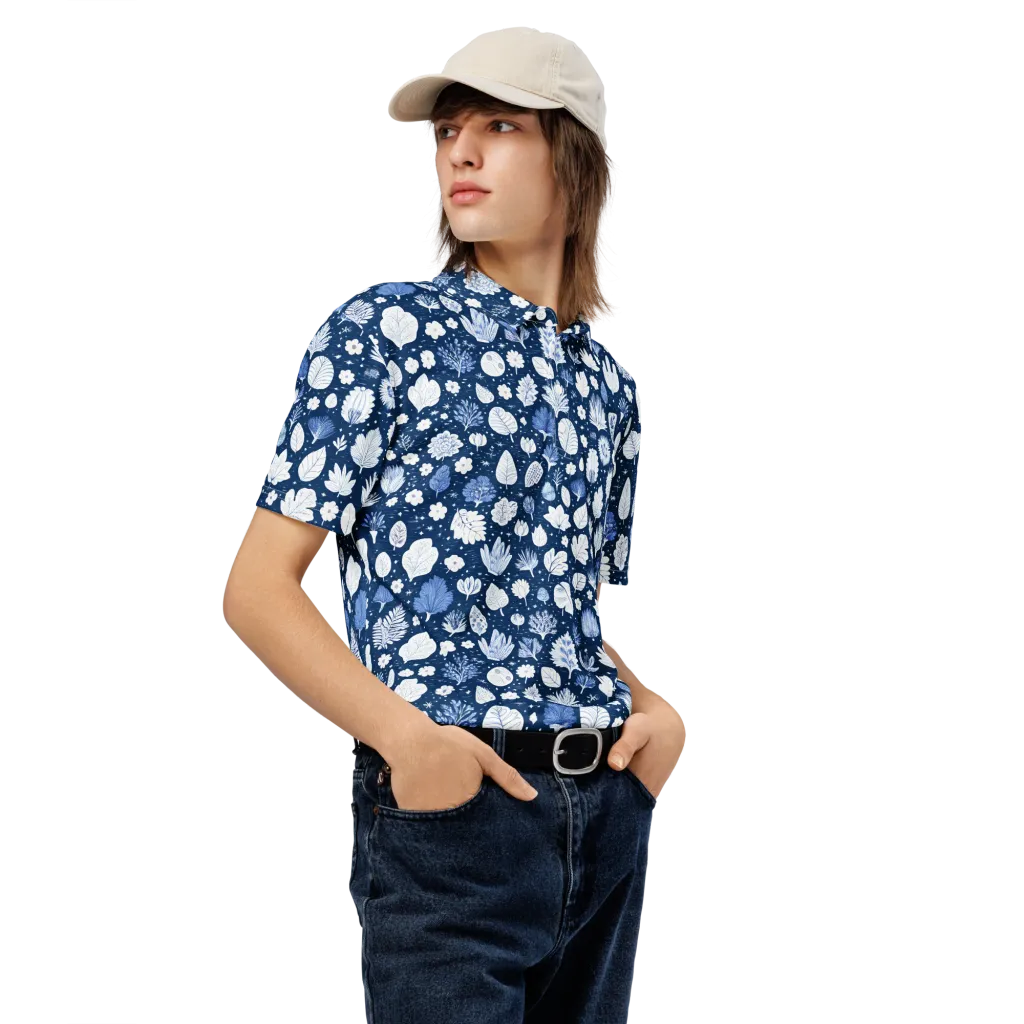 Indigo Herbarium on Men's Slim Fit Polo Shirt — Right Front