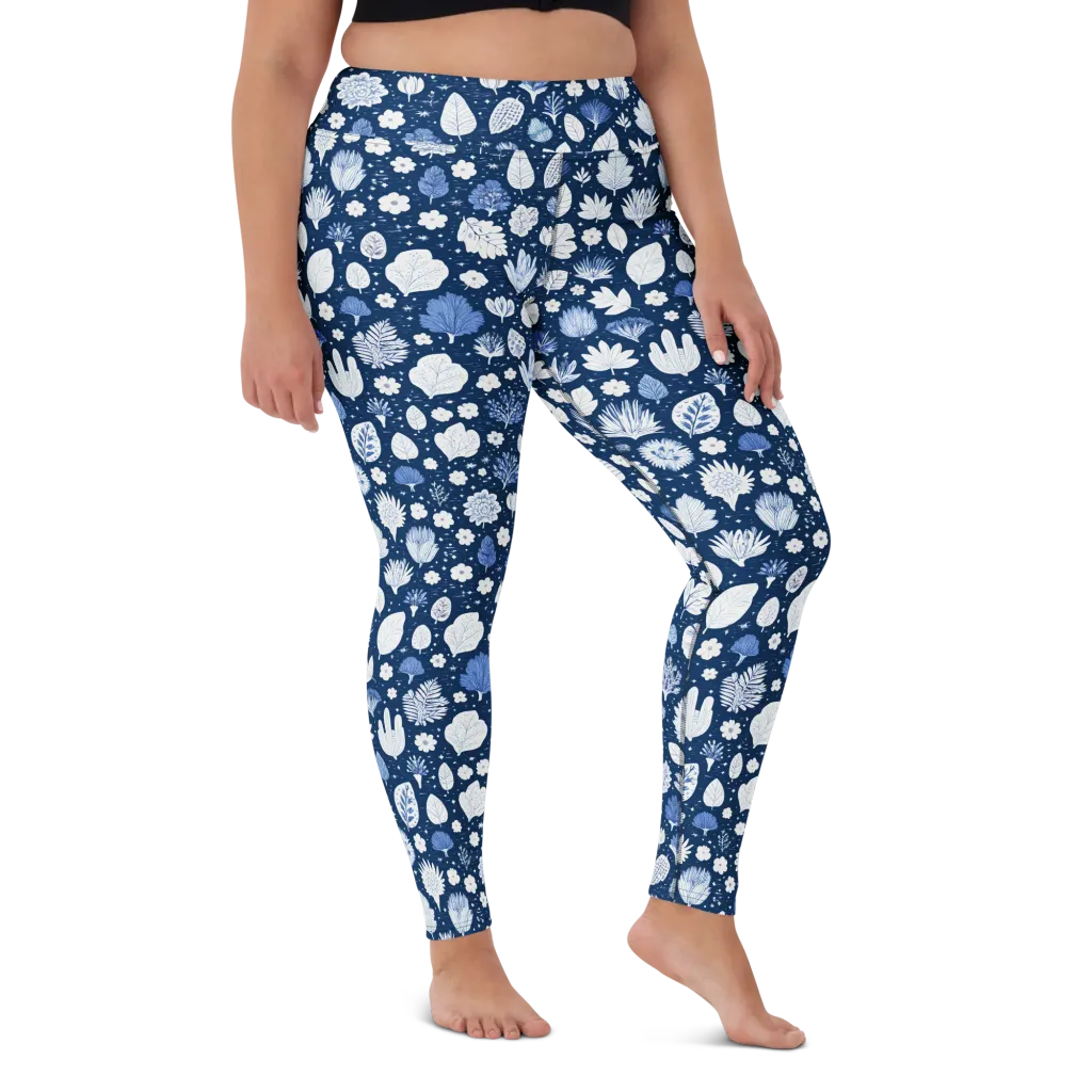 Indigo Herbarium on Yoga Leggings — Front
