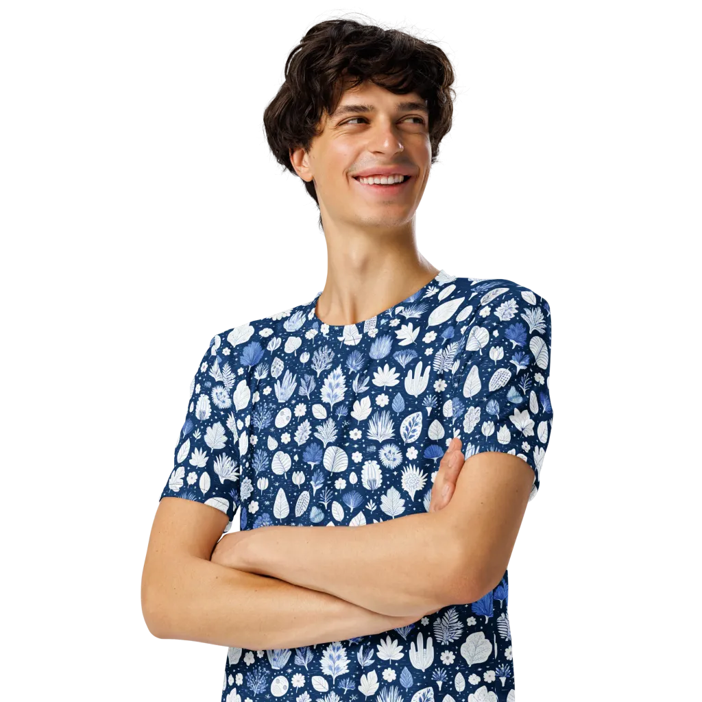 Indigo Herbarium on Men's Crew Neck T-Shirt — Left Front