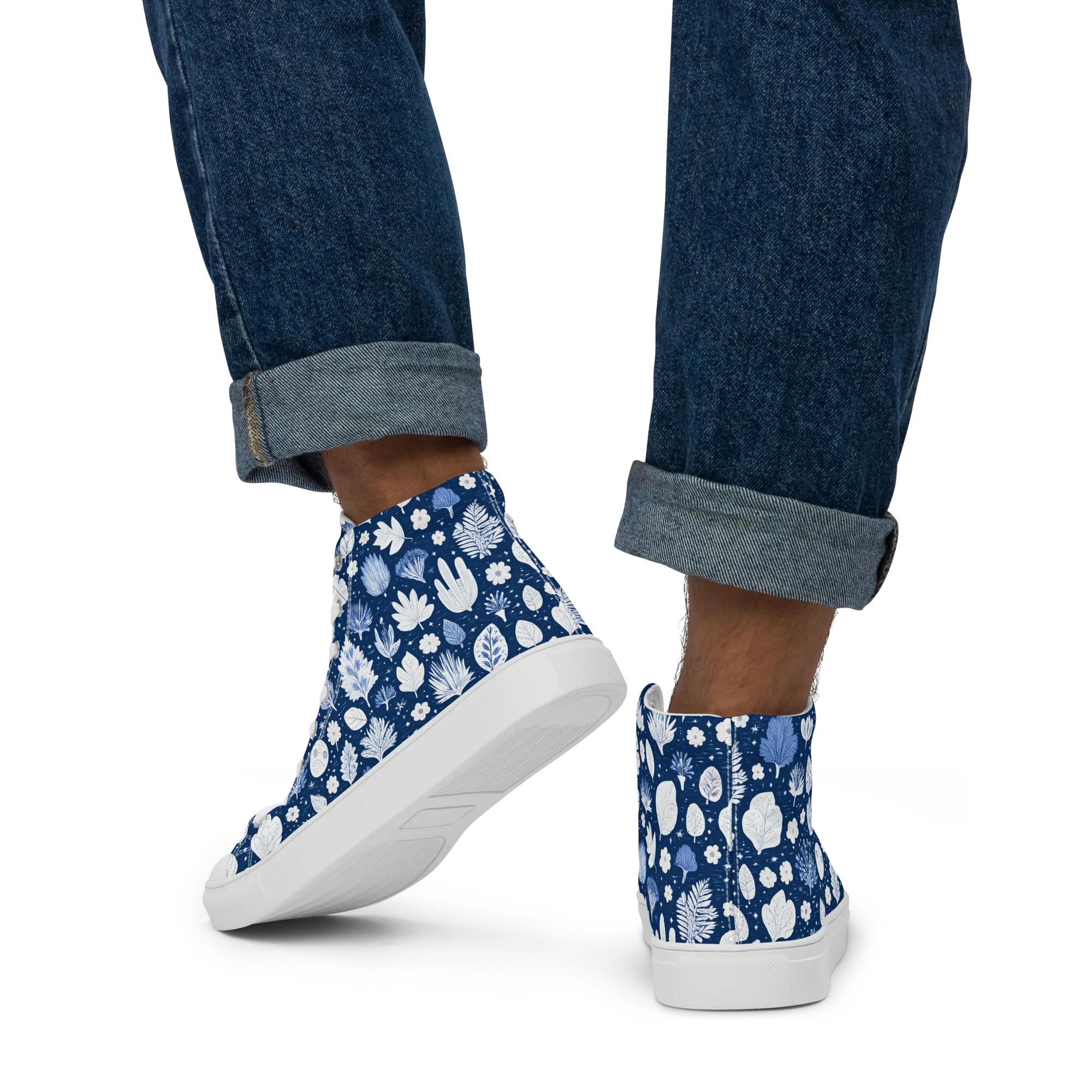 Indigo Herbarium on Men's High Top Canvas Shoes — Back