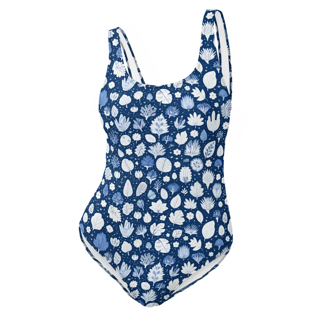 Indigo Herbarium on One-Piece Swimsuit — Front
