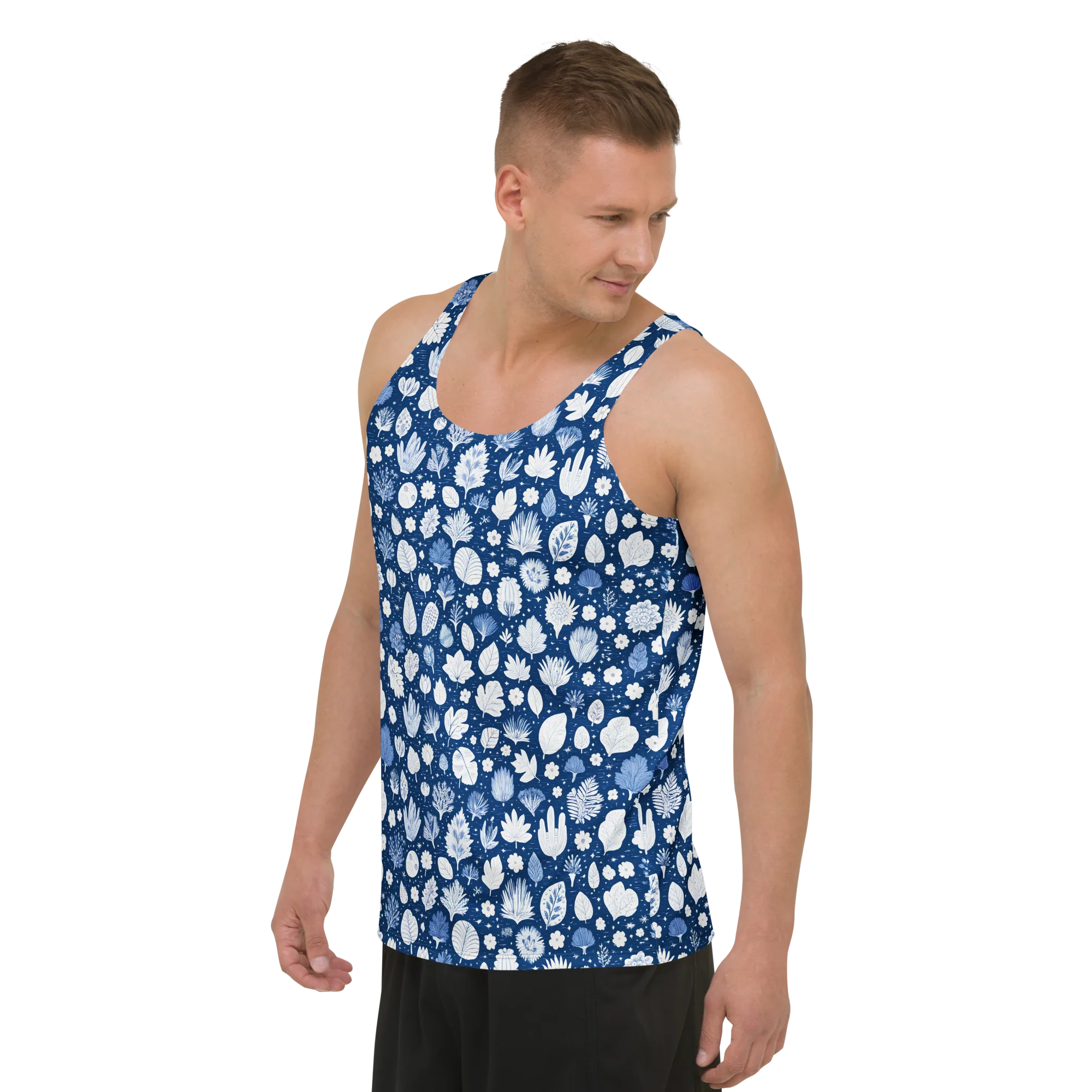 Indigo Herbarium on Men's Tank Top — Left Front