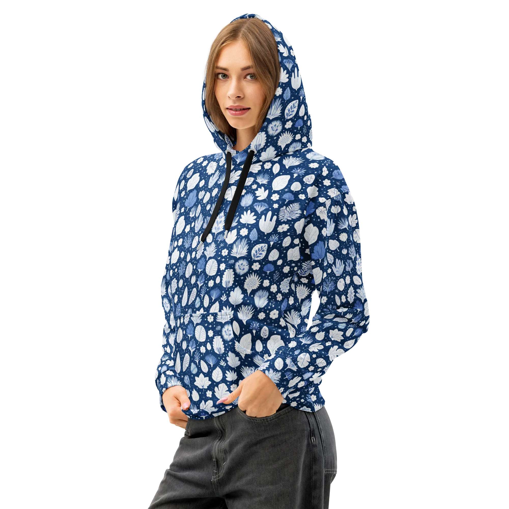 Indigo Herbarium on Cotton Hoodie — Left Front