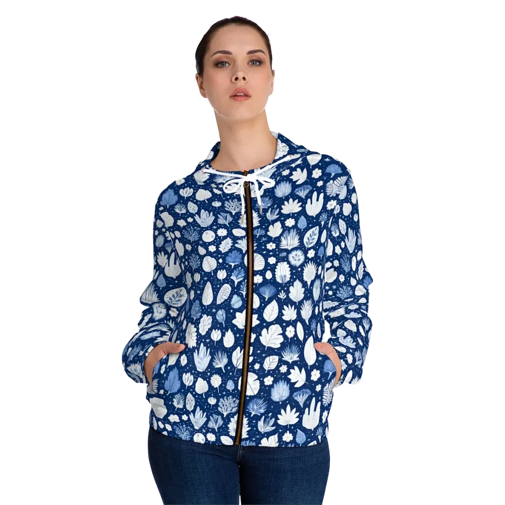 Indigo Herbarium on Women's Full-Zip Hoodie — Front On Person