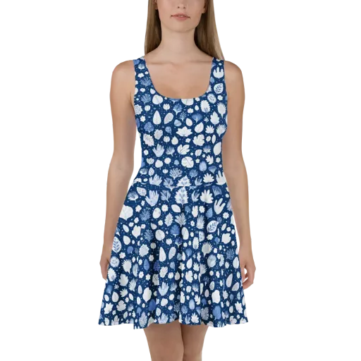 Indigo Herbarium on a Skater Dress