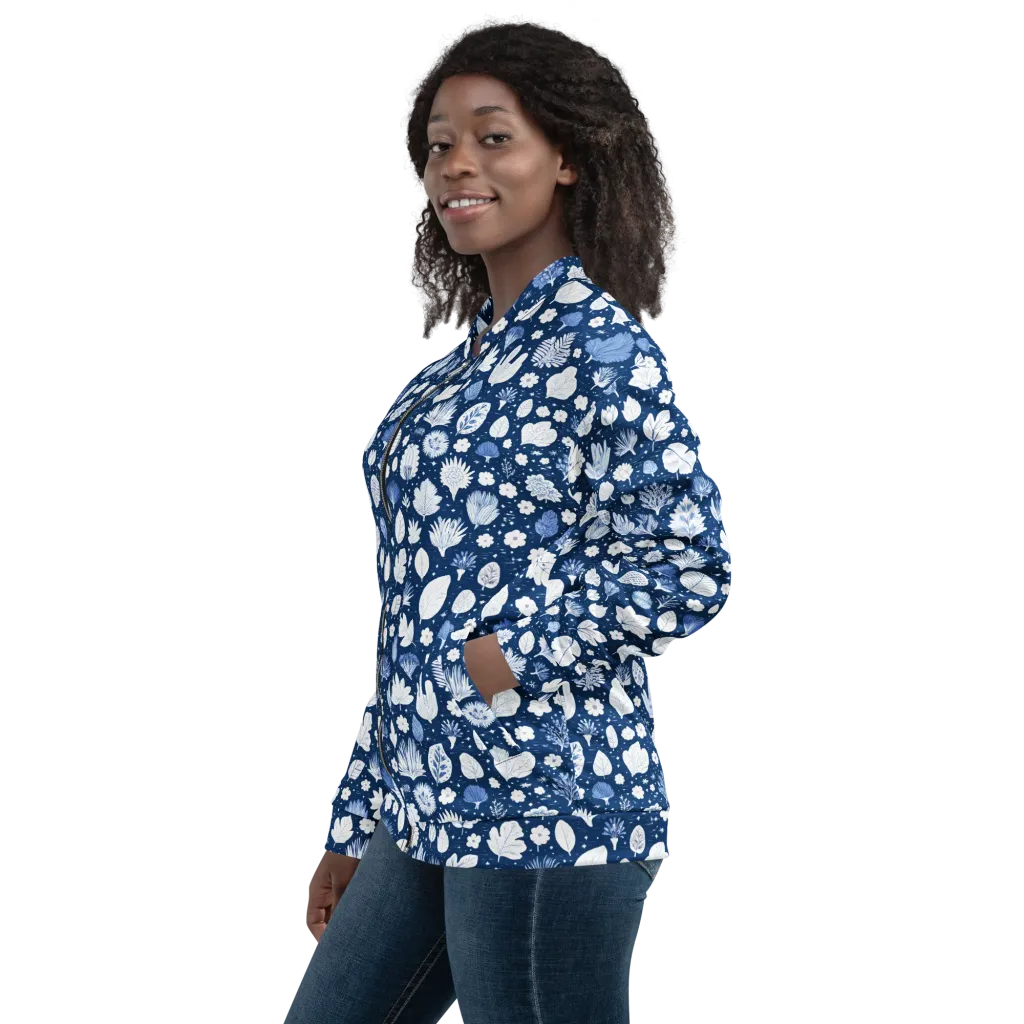 Indigo Herbarium on Bomber Jacket — Left