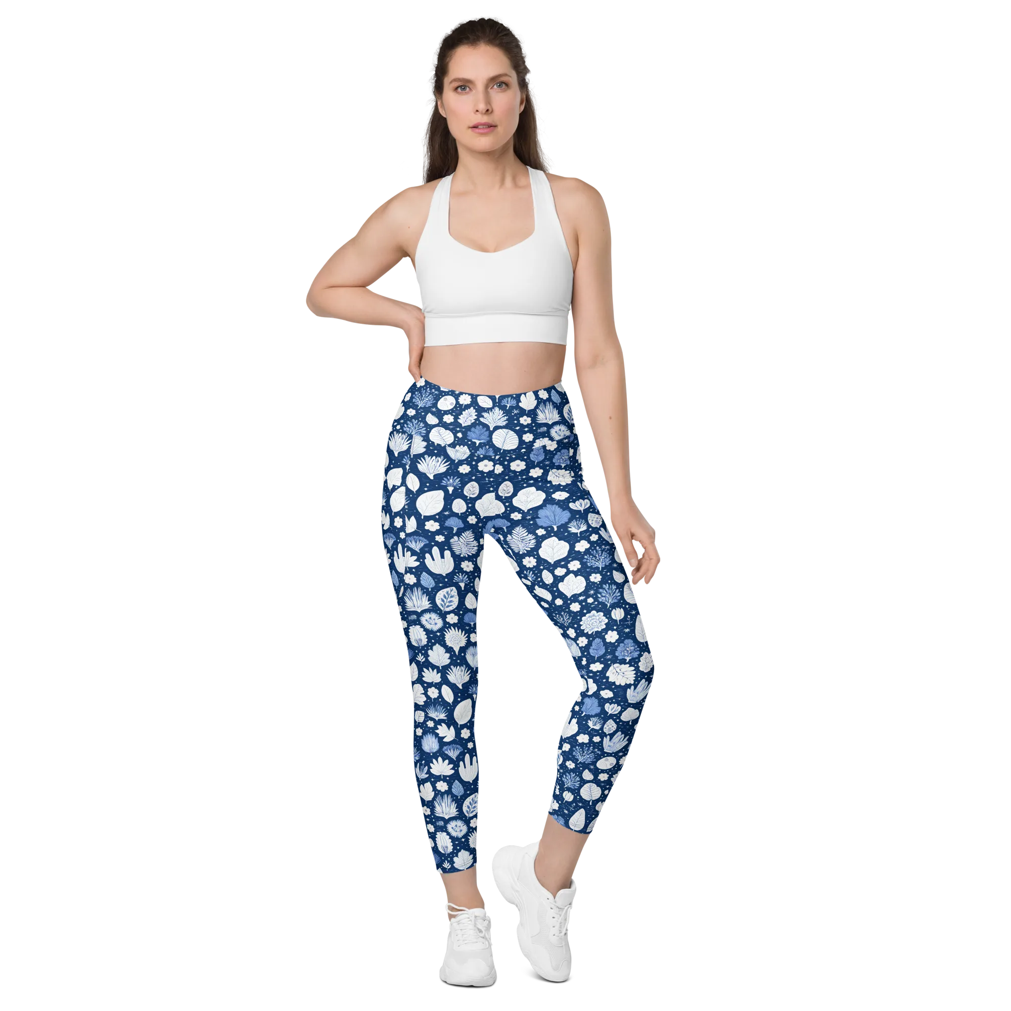 Indigo Herbarium on Leggings with Pockets — Front