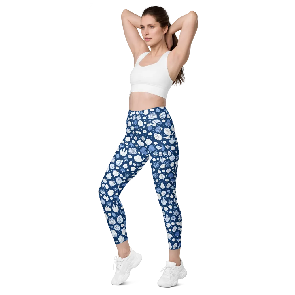 Indigo Herbarium on Leggings with Pockets — Left Front
