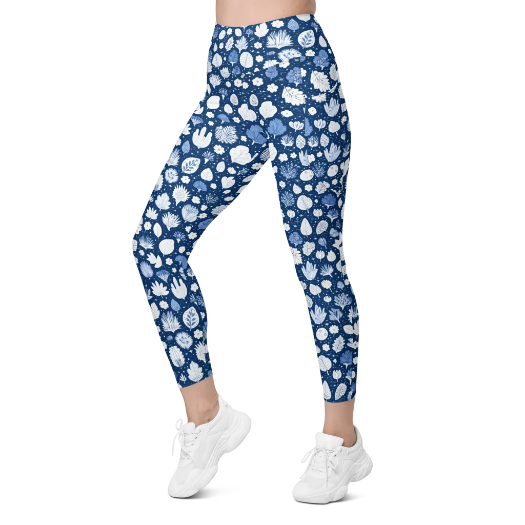 Indigo Herbarium on Leggings with Pockets — Left Front