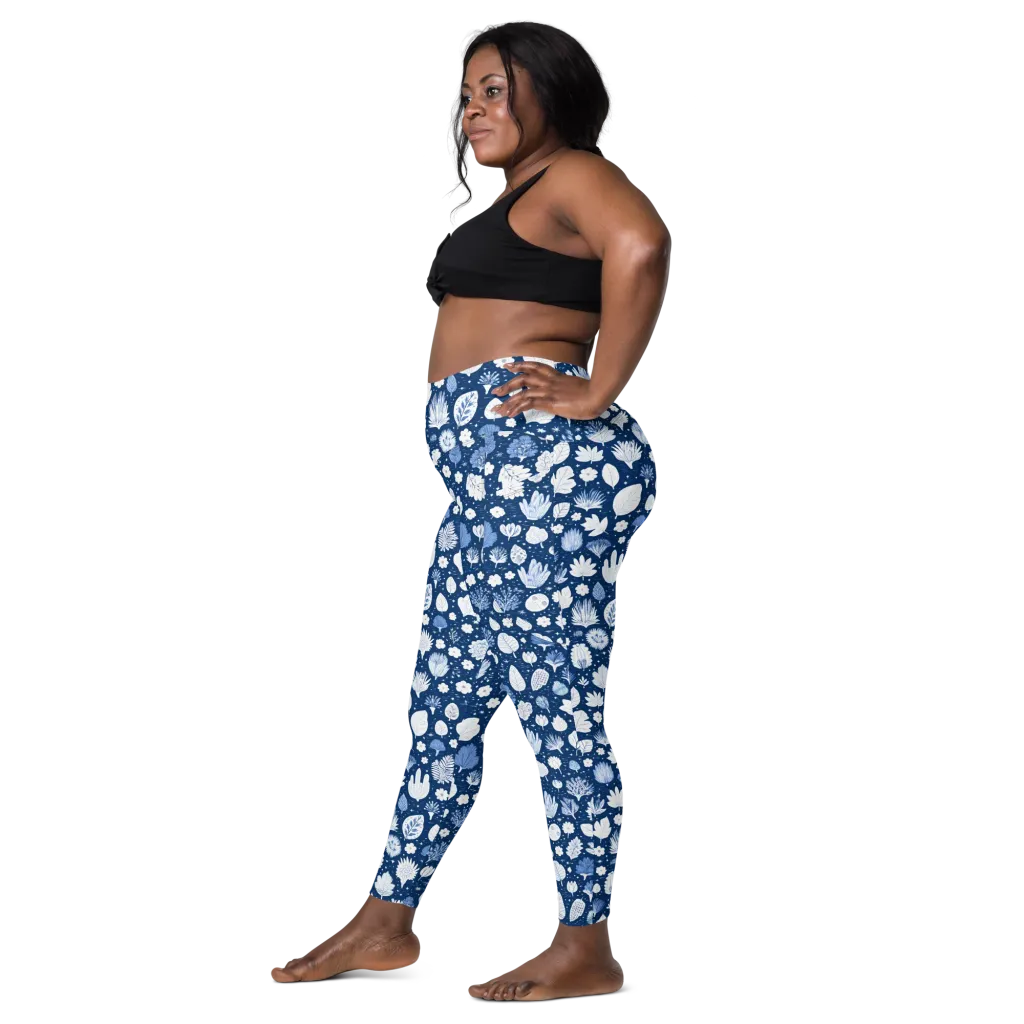 Indigo Herbarium on Leggings with Pockets — Left