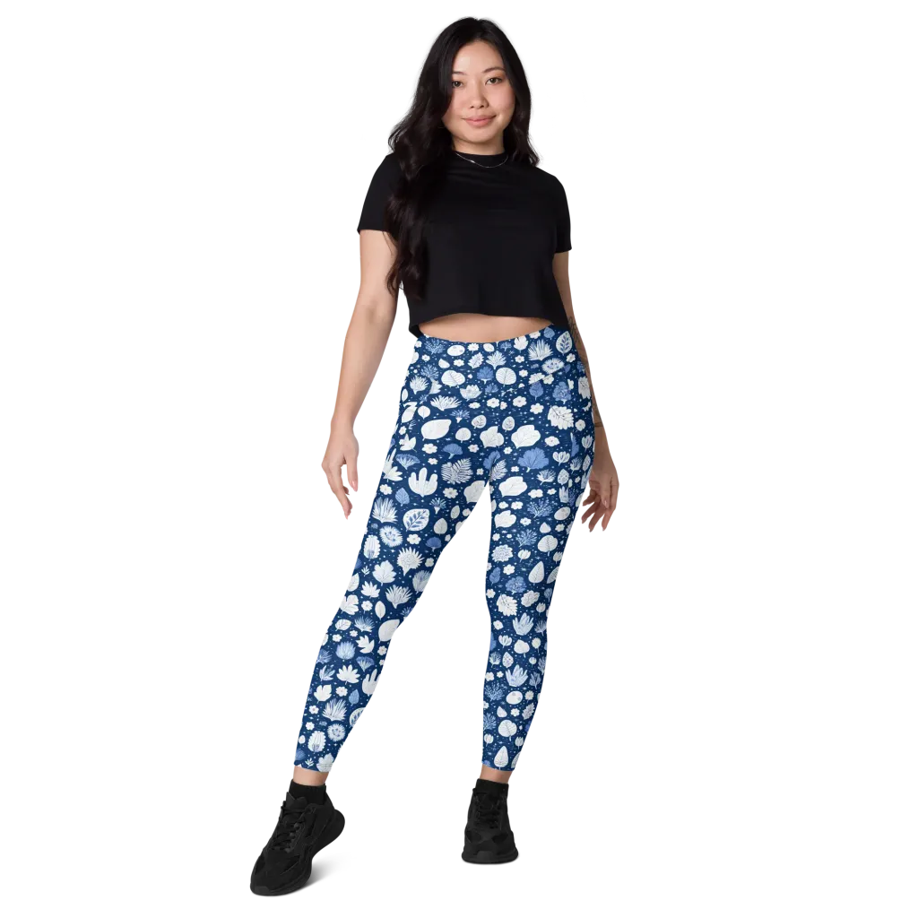 Indigo Herbarium on Leggings with Pockets — Front