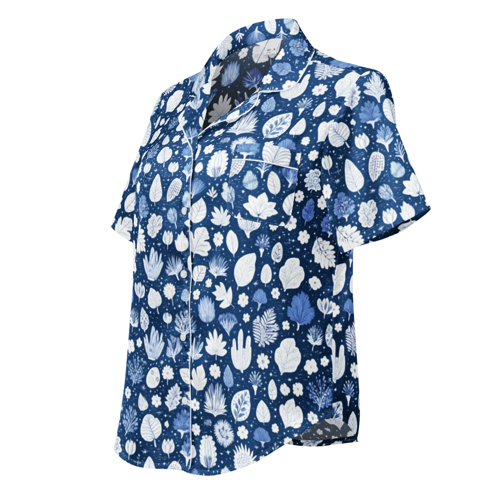 Indigo Herbarium on Women's Short Sleeve Pajama Top — Left Front