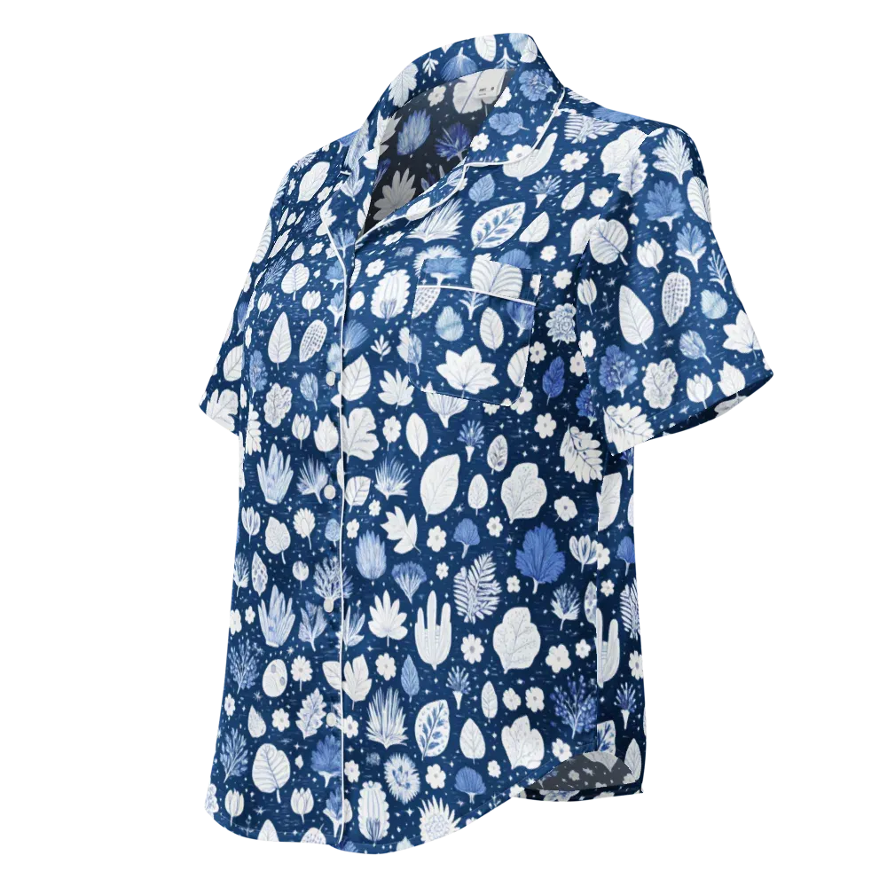Indigo Herbarium on Women's Short Sleeve Pajama Top — Left Front
