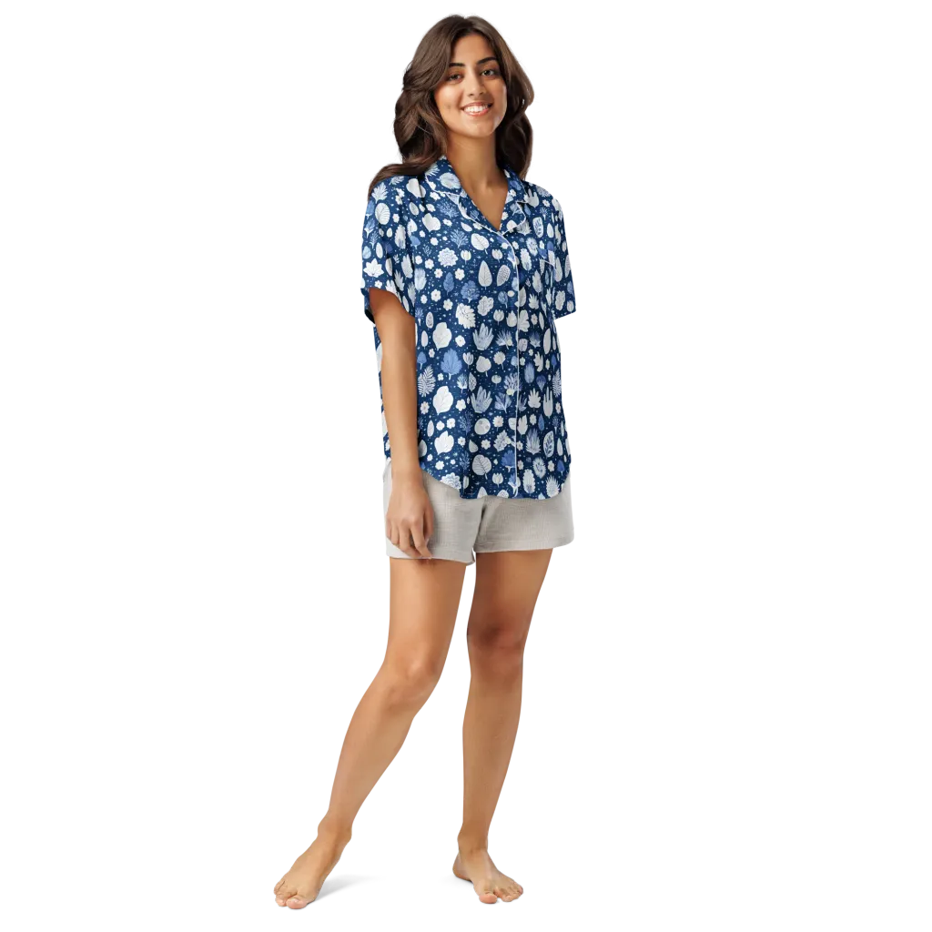 Indigo Herbarium on Women's Short Sleeve Pajama Top — Front