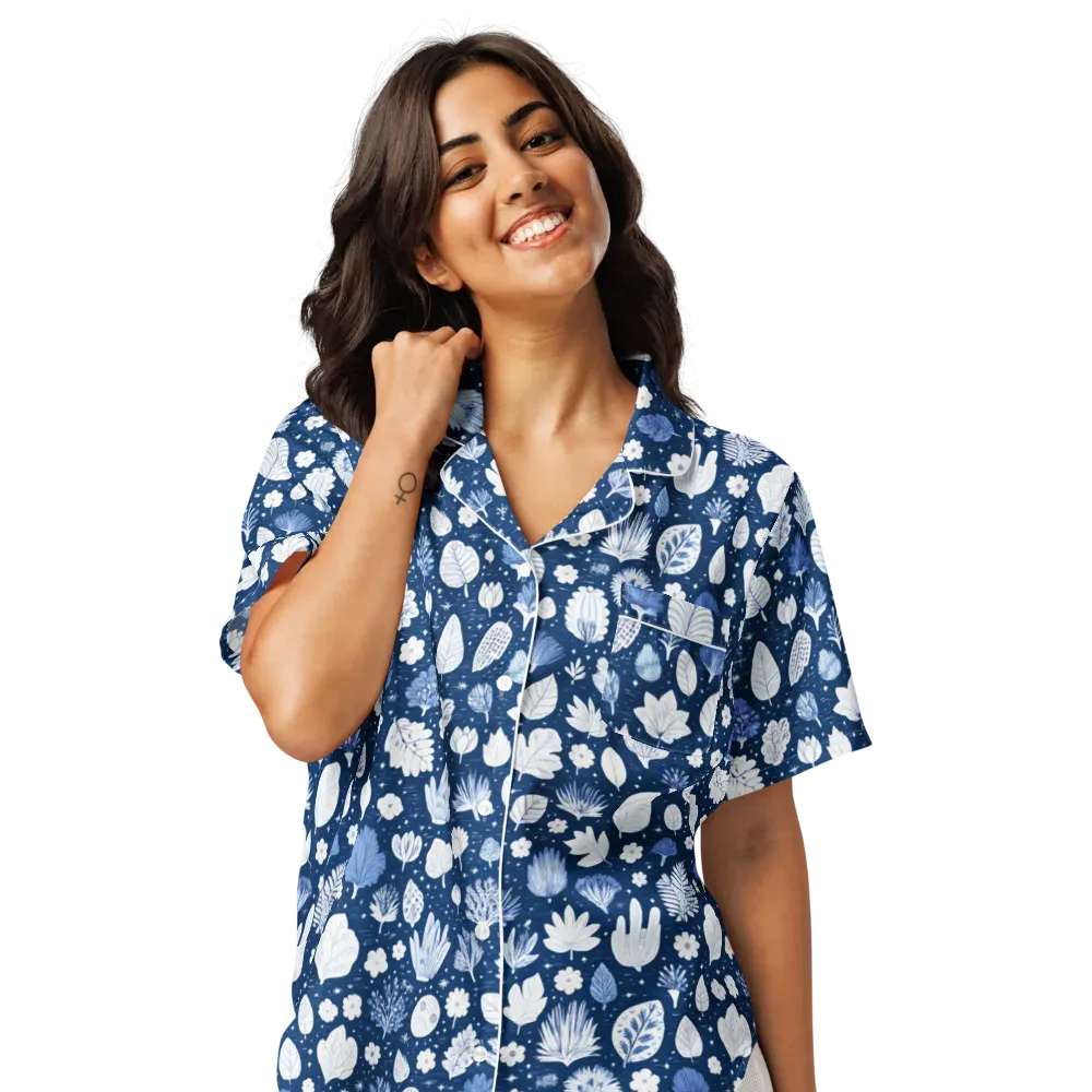 Indigo Herbarium on Women's Short Sleeve Pajama Top — Front