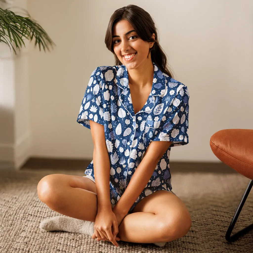Indigo Herbarium on Women's Short Sleeve Pajama Top — Front