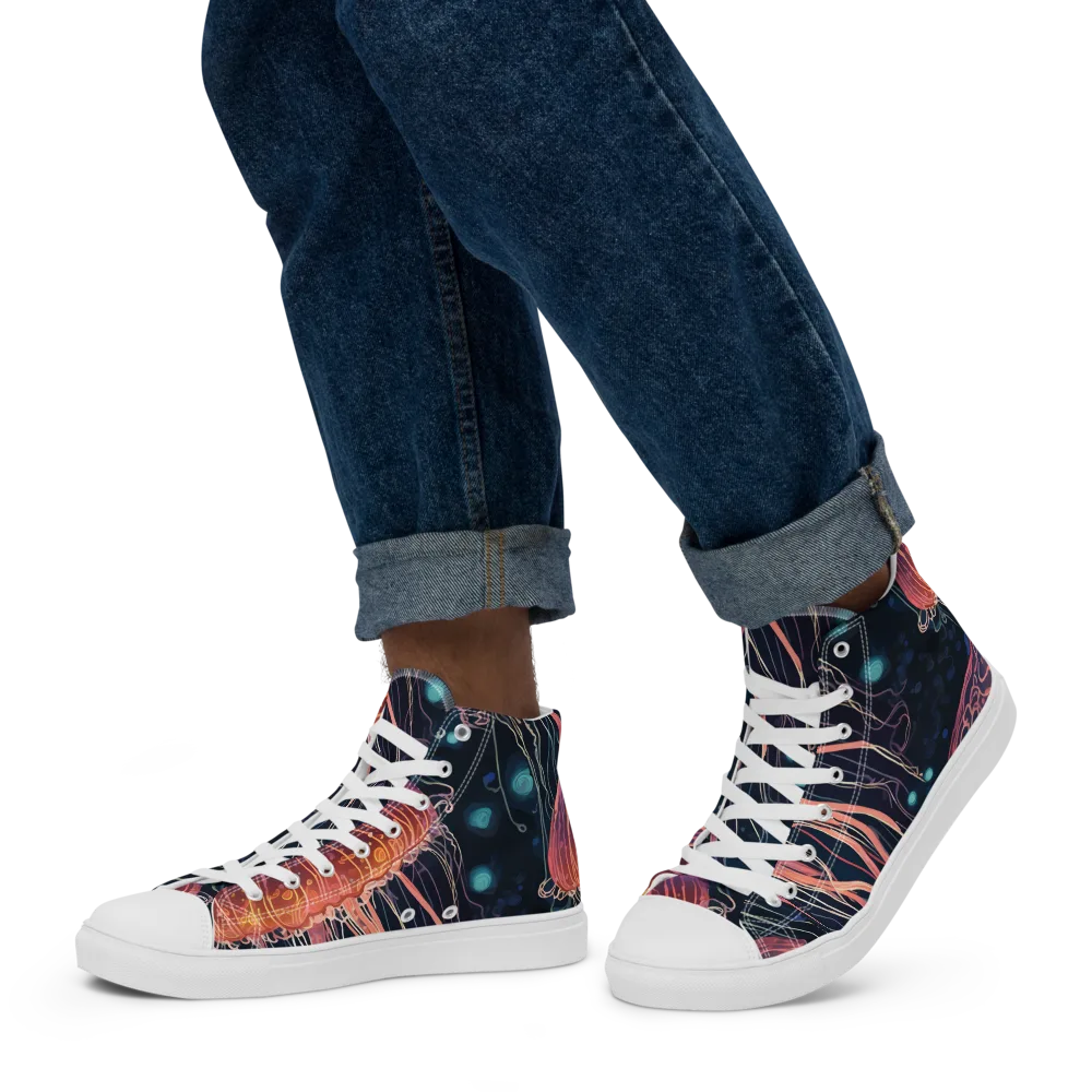 Jellyfish Nocturne on Men's High Top Canvas Shoes — Left