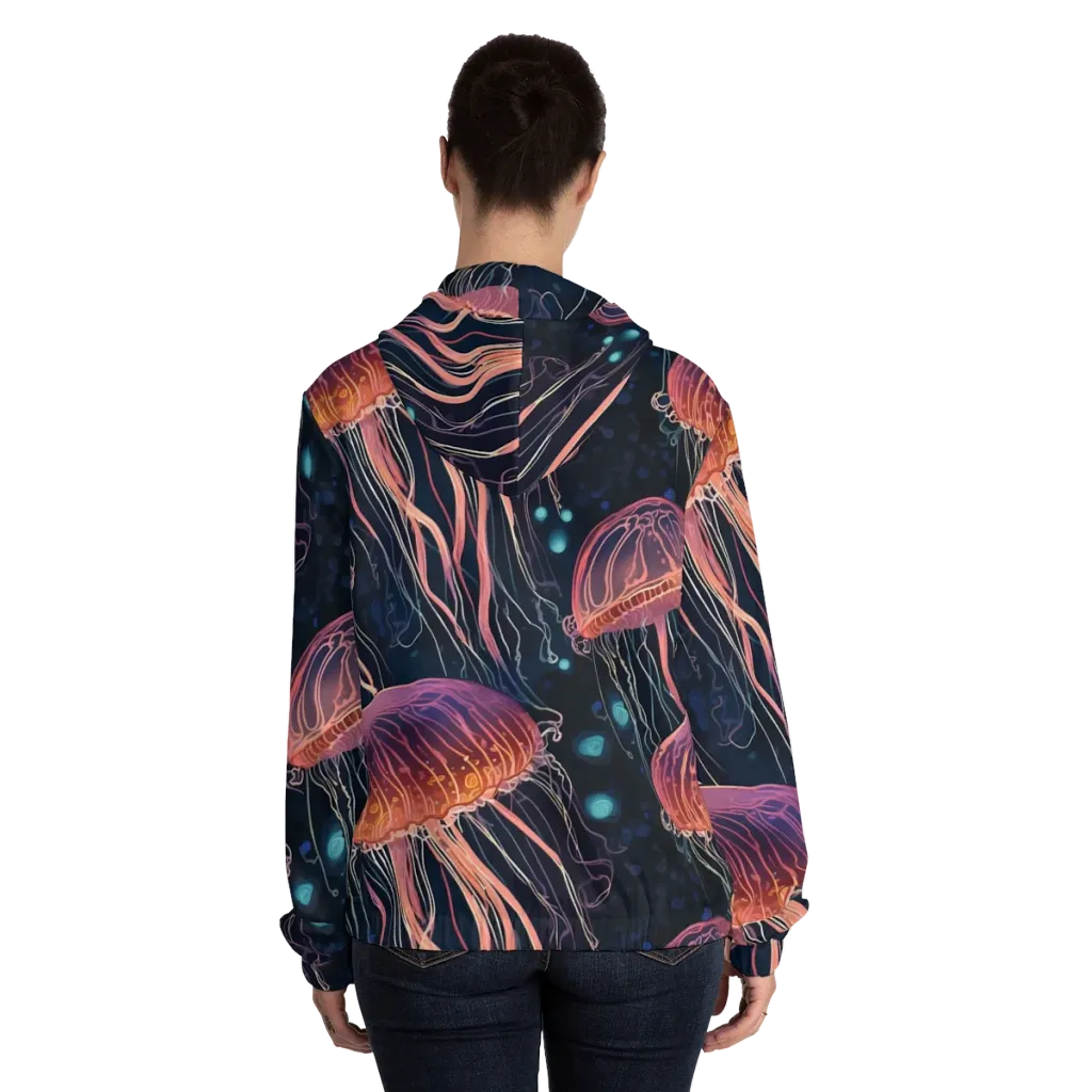 Jellyfish Nocturne on Women's Full-Zip Hoodie — Back On Person