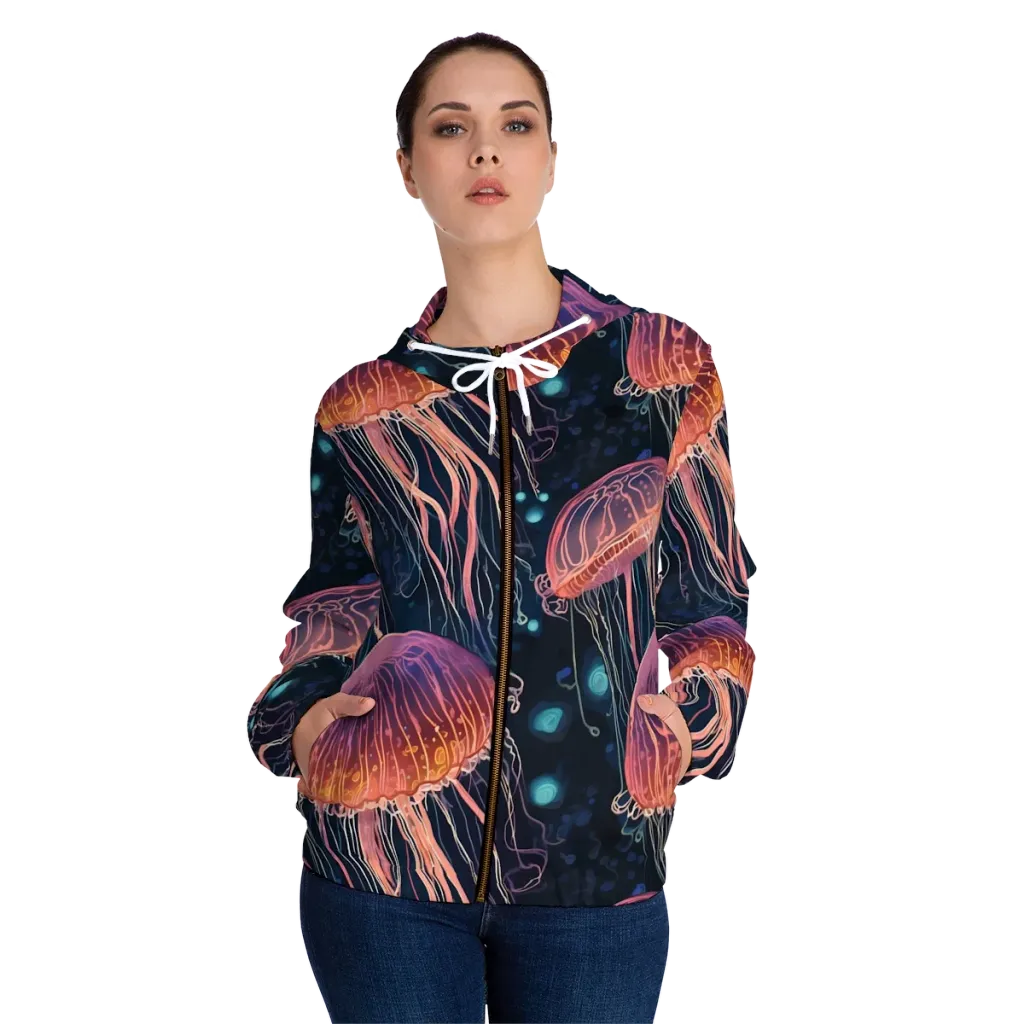 Jellyfish Nocturne on Women's Full-Zip Hoodie — Front On Person