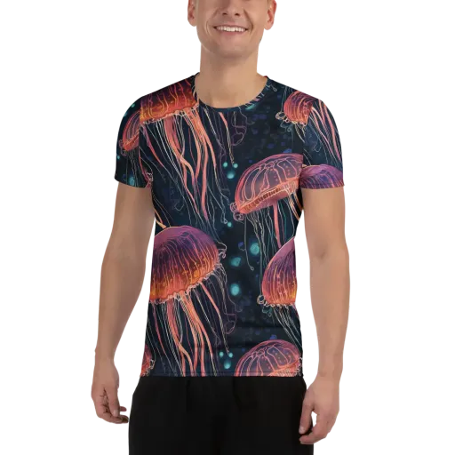 Jellyfish Nocturne on a Men's Athletic T-Shirt