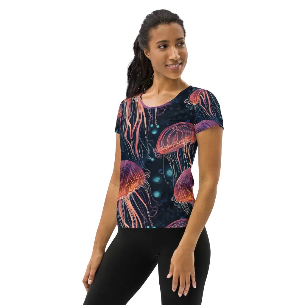 Jellyfish Nocturne on Women's Athletic T-Shirt — Left