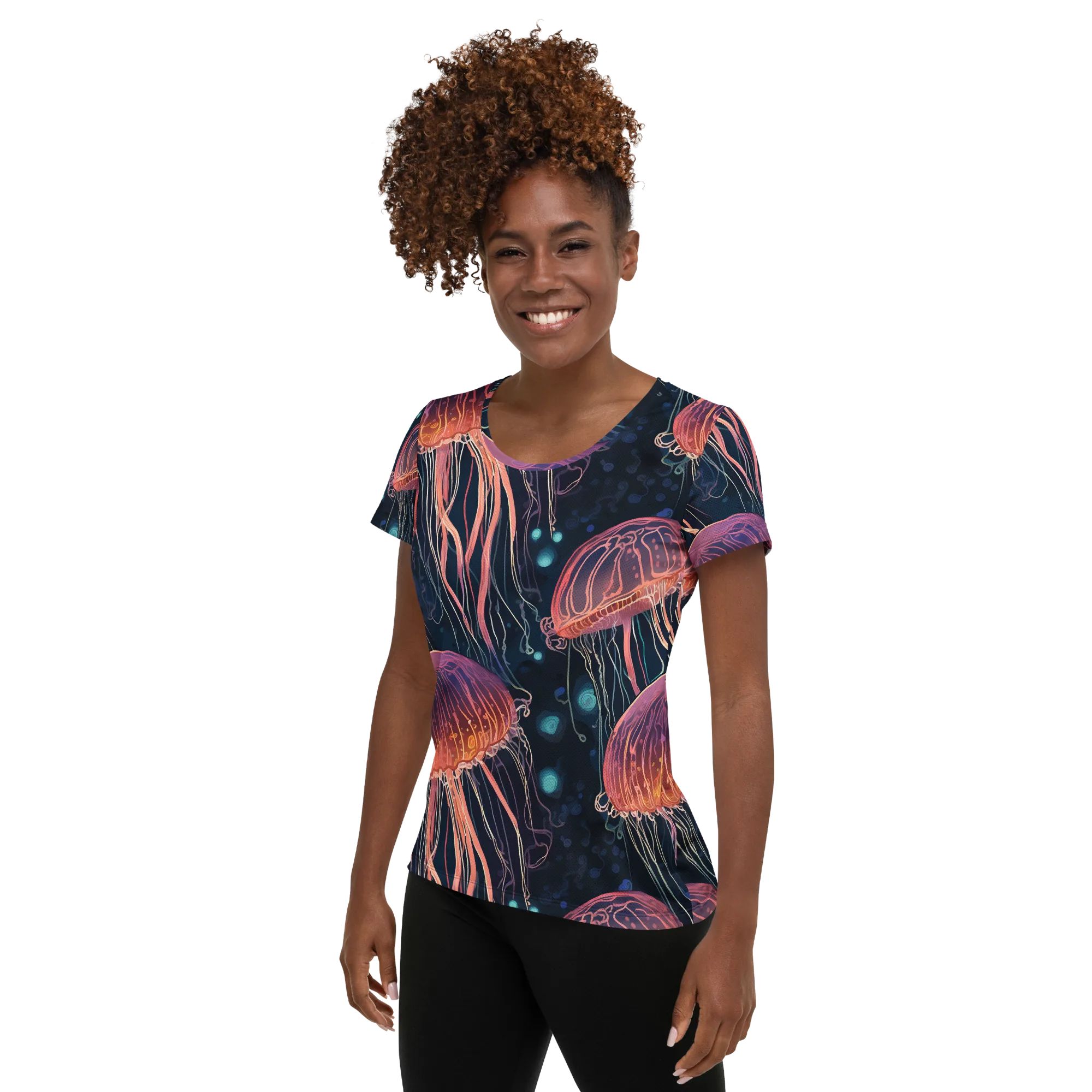 Jellyfish Nocturne on Women's Athletic T-Shirt — Left