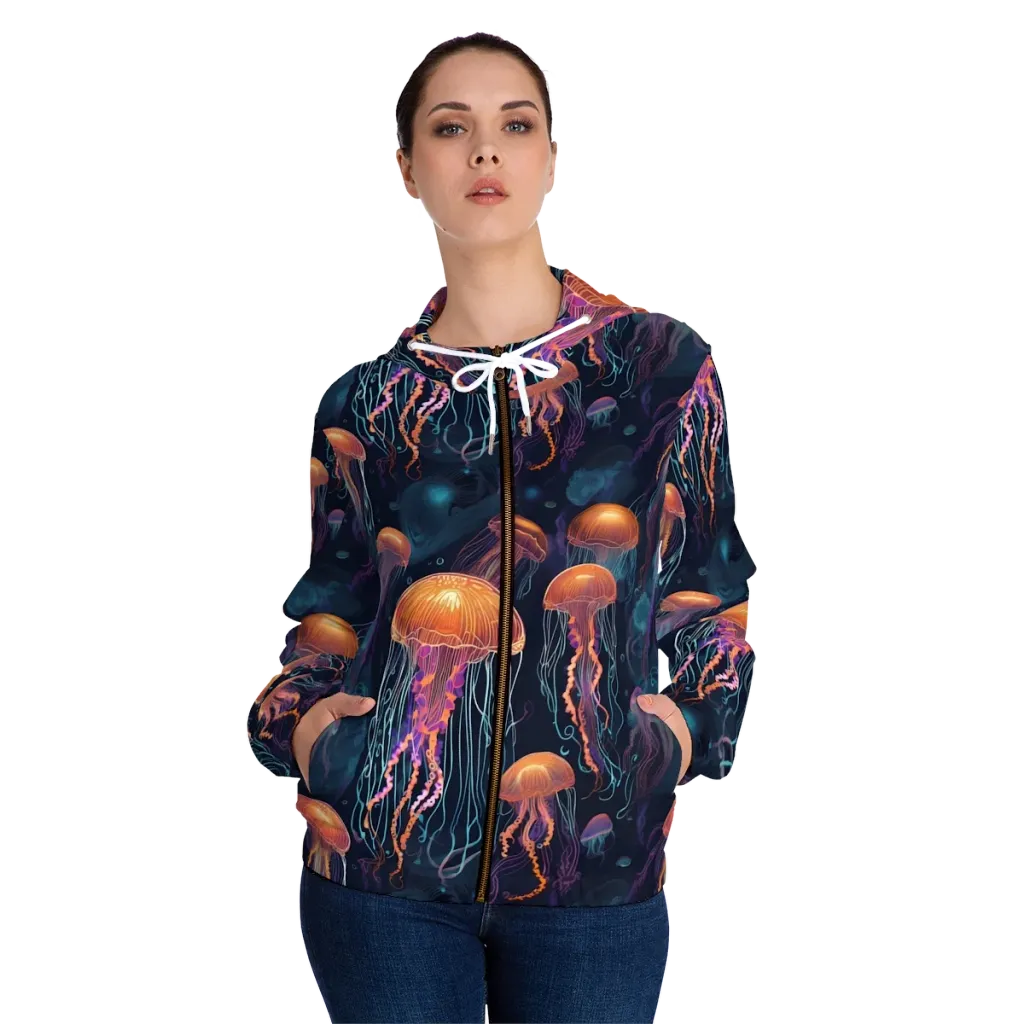 Jellyfish Reverie on Women's Full-Zip Hoodie — Front On Person